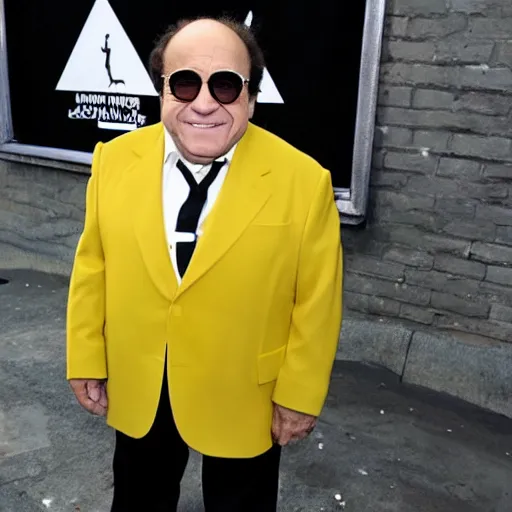 Prompt: danny devito wearing a yellow suit