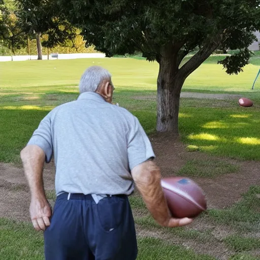 Prompt: an elderly man getting hit in the groin with a 🏈 on the front lawn. long shot