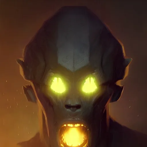 Image similar to portrait of a creature with a blocky head,purple glowing blocky eyes and black skin,digital art,ultra realistic,ultra detailed,art by greg rutkowski,eerie