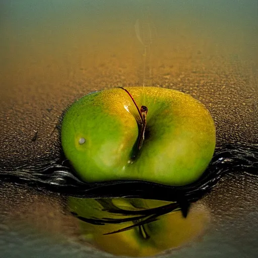 Image similar to apple seed sits in a water spill on the soil ground, reflections of apple trees, sunset light, in the style of van goch