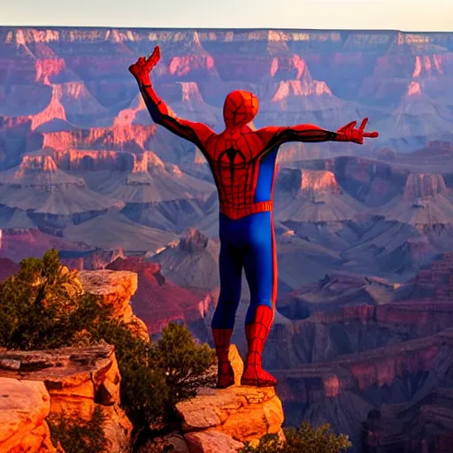 Image similar to Spiderman mountain climbing, grand canyon, orange sky H- 768