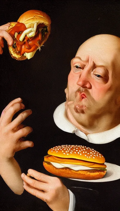 Prompt: hyperrealistic still life painting of a Trump holding a McDonalds burger, by Caravaggio, botanical print
