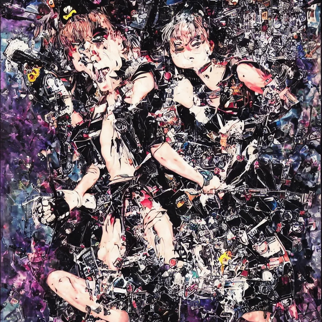 Image similar to punk girl destroying a crt tv with a spiked baseball bat by ayami kojima