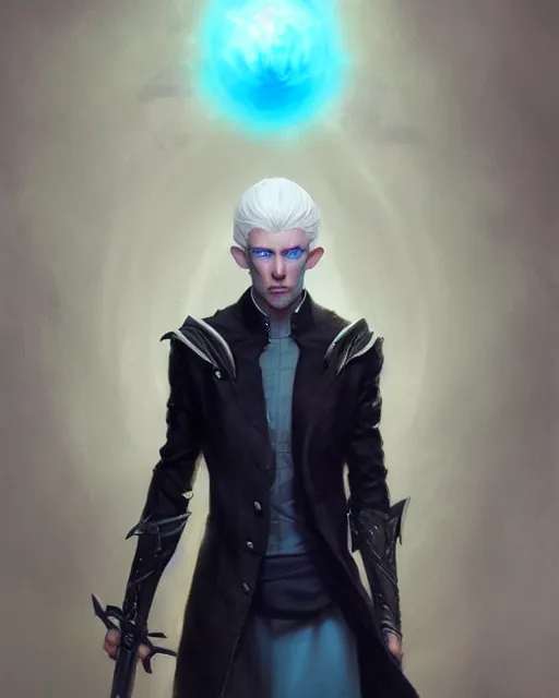 Image similar to character portrait of a slender young half elven man with white hair and white eyebrows, piercing bright blue eyes, and pale bluish skin, by greg rutkowski, mark brookes, jim burns, tom bagshaw, trending on artstation