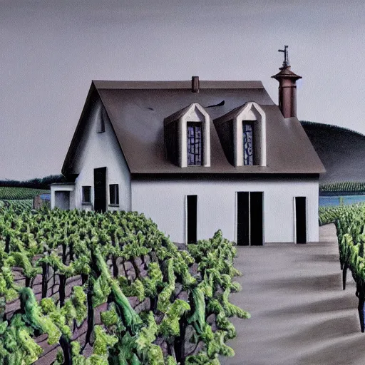 Image similar to Hyperrealism traditional austian house in a vineyard painting by MC Escher