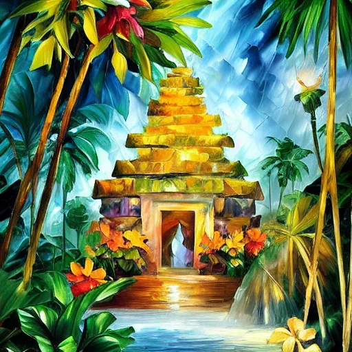 Prompt: a jungle temple surrounded by beautiful tropical flowers and plants, by leonid afremov