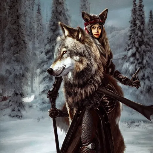 Image similar to a woman wearing wolf head pauldrons and a red wolf's fur warrior outfit, she is astride a great white horse, she has hunted recently, winter scene, hyper realistic, in the style of greg rutkowski, fantasy, amazing detail,