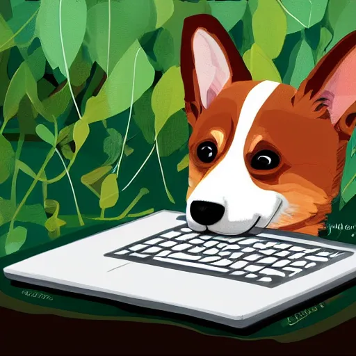 Prompt: very sad crying corgi sitting behind laptop on bed among the greenery, digital art painting