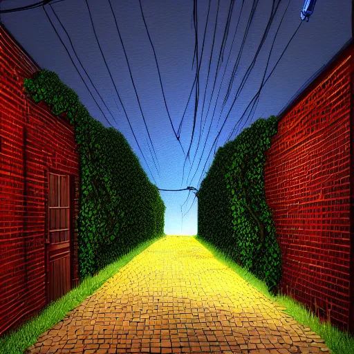 Prompt: a narrow brick alleyway lit with a streetlight, covered in vines, digital painting, hyperrealistic