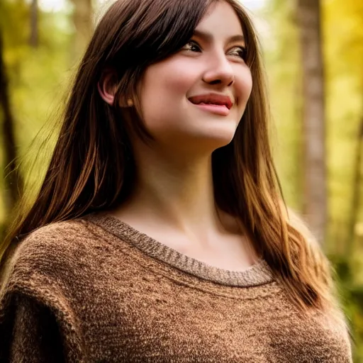 Image similar to real life photo of a beautiful girl, full body photoshoot, long brown hair, brown eyes, full round face, short smile, belly free, brown sweater, forest setting, cinematic lightning, medium shot, mid - shot, highly detailed, trending on artstation, unreal engine 4 k, 8 0 mm, 8 5 mm, cinematic wallpaper