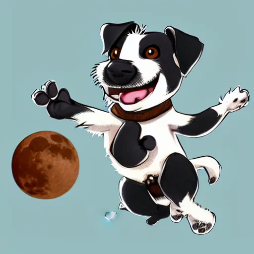 Image similar to cute jack black and white russel terrier jumping over a smiling moon, large round eyes, concept art, game art, character sheet, character design, by cory loftis and bill schwab