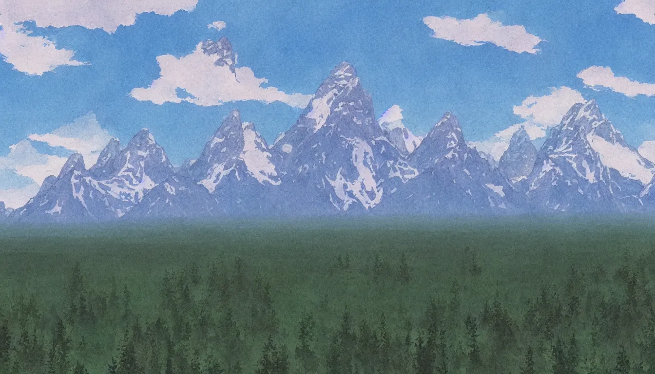 Prompt: view of the Grand Teton mountains in Studio Ghibli style, 4k