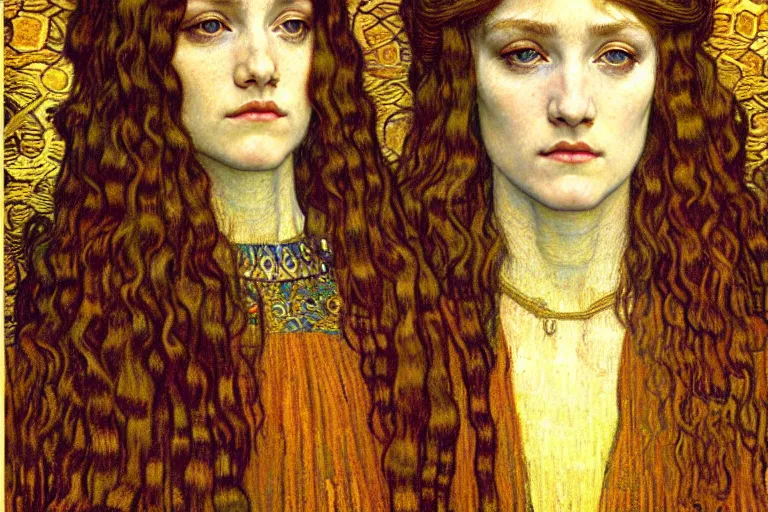 Image similar to detailed realistic beautiful young medieval queen face portrait by jean delville, gustav klimt and vincent van gogh, art nouveau, symbolist, visionary, gothic, pre - raphaelite, muted earthy colors, desaturated