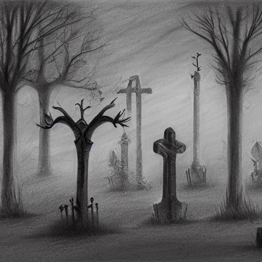 Image similar to an eerie graveyard with ancient tombstones, misty, strands of fog, creepy, night lighting, finely detailed black and white pencil drawing