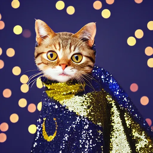 Prompt: a high - quality photo of a stylish cat wearing a sequined designer cloak, hyperrealistic, textured, animal portrait, dark ( ( royal blue ) ), bokeh, f 2. 8