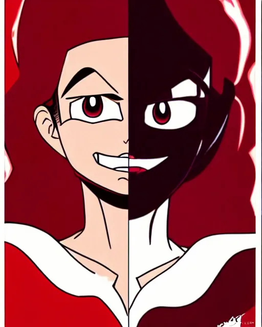 Prompt: style of osamu tezuka : : gorgeous vampire amy adams : : sharp teeth fangs, open mouth sneer : : symmetrical face, symmetrical eyes : : gorgeous red hair : : magic lighting, low spacial lighting : :