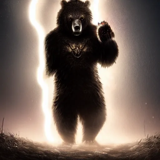 Prompt: berserker bear, wearing hood and torn cape, red glowing eyes, wearing magic orb in neck, dark background, cinematic lightning, hyper realism, centered, white and black clothing, black hair, exquisite detail, 4k