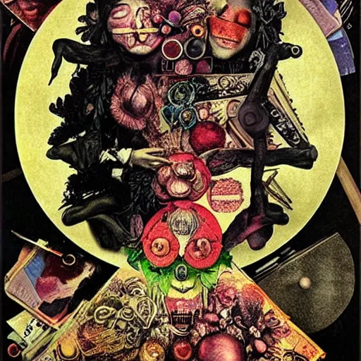 Image similar to post - punk new age album cover, asymmetrical design, dollar bank notes, capitalism, magic, apocalypse, psychedelic, black white pink, magic, giger h. r., giuseppe arcimboldo