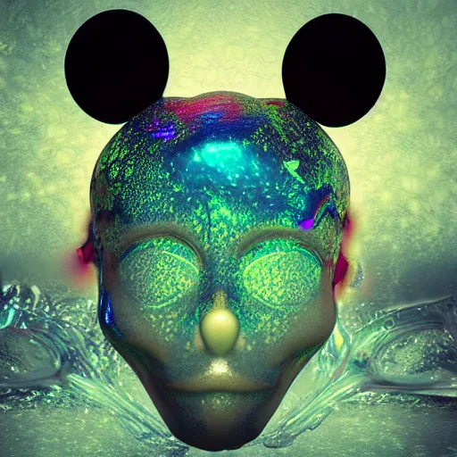 Image similar to counterfeit mickey mouse head, fractal, broken, psychedelic, wet, mycelium, radiant alien, rococo, baroque, automotive, bio-mechanical, porcelain, iridescent, sub surface scattering, octane render