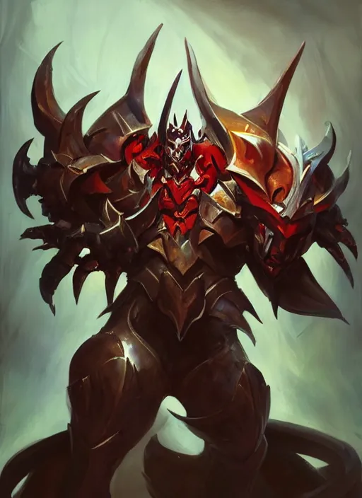 Image similar to Greg Manchess portrait painting of a demonic, devil armored character from league of legends, full shot, asymmetrical, splashscreen, Organic Painting, sunny day, Matte Painting, bold shapes, hard edges, cybernetic, street art, trending on artstation, by Huang Guangjian and Gil Elvgren and Sachin Teng