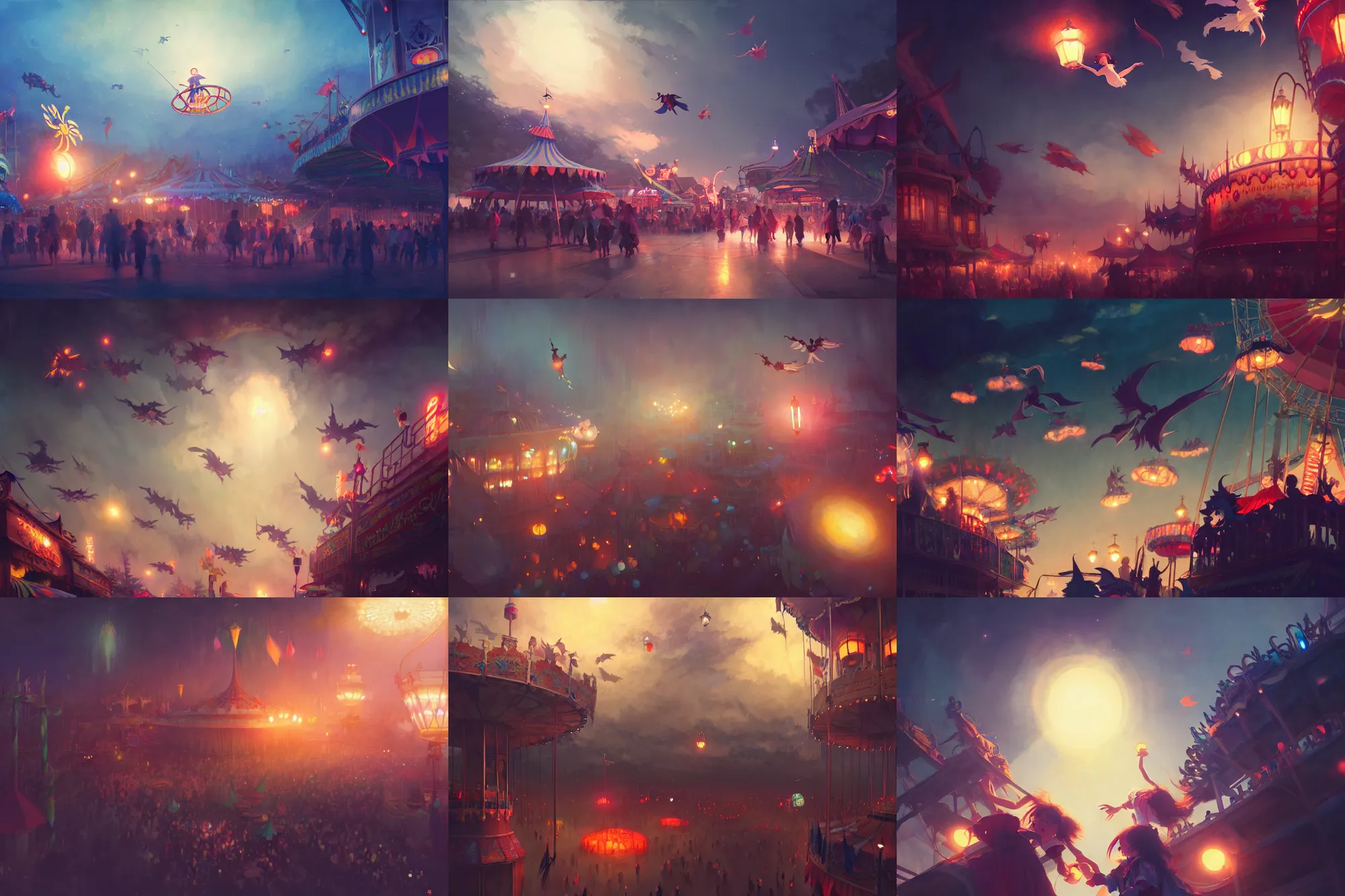 Prompt: young witches flying above exploring a carnival, witchlight carnival amusement park, night time, rim light, studio ghibli style, high octane filter, 8 k, highly detailed, digital painting, concept art, matte, art by ruan jia and wlop and greg rutkowski and makoto shinkai, masterpiece