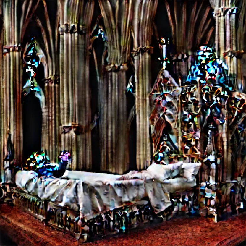 Image similar to a portrait of man sitting in a bed, screaming. the bed is inside a gothic cathedral. under the bed is a hideous laughing demon dressed as a catholic priest. digital art, hyperrealistic, nightmare, terrifying, supernatural, highly detailed, creepy