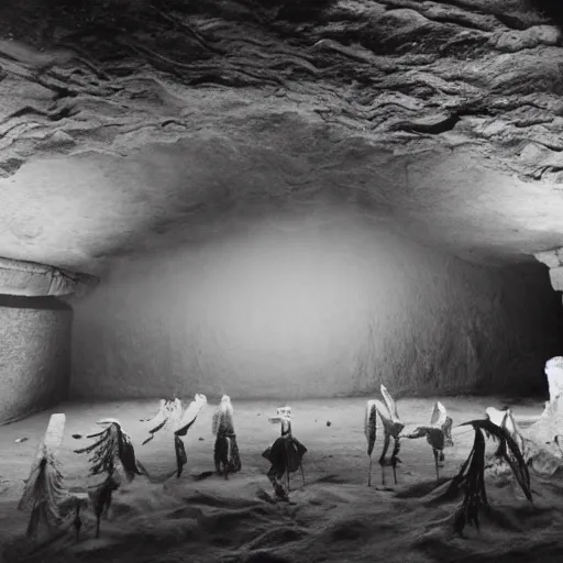 Prompt: an indigenous crowd of dark spiritual healers, confronting shadows from dust mountain of shamanic bodies in sandstorm under abduction light, in precolumbian cave temple, under time machine ovni portal, joel peter witkin, sebastiao salgado