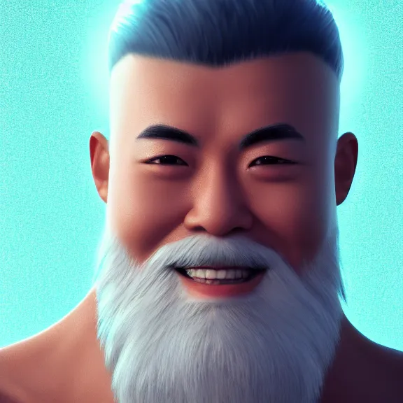 Image similar to a portrait of a shiny glowing heavenly asian man with white beard, night, 8 k, octane render, artstation, digital art.