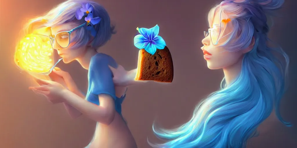 Image similar to epic professional digital art of a bread toast!!! wearing 👓!!!! and a blue flower!!!!, best on artstation, cgsociety, wlop, cosmic, epic, stunning, much detail, much wow, masterpiece, backlight