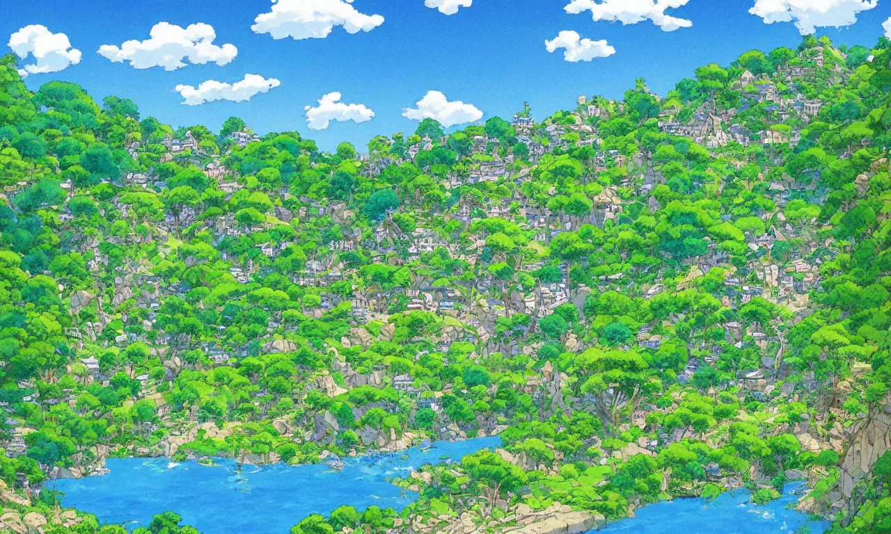 Image similar to a village down the mountain, river across the painting, blue sky, summer, green, sunshine, trees, by studio ghibli and hayao miyazaki