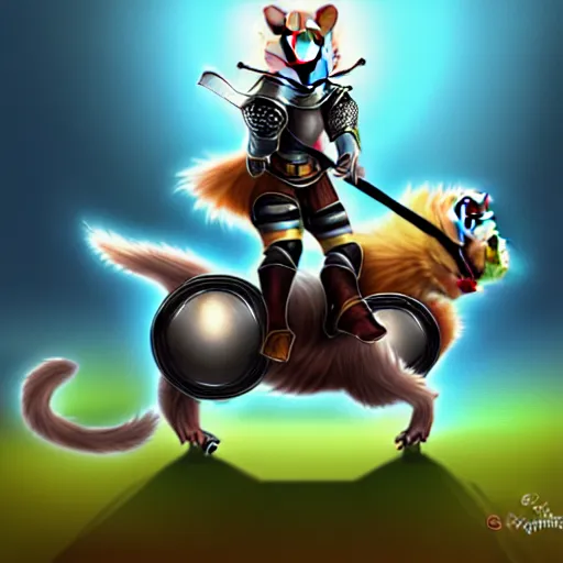 Image similar to hamster knight riding his trusty cat steed into battle, digital fantasy art, high resolution