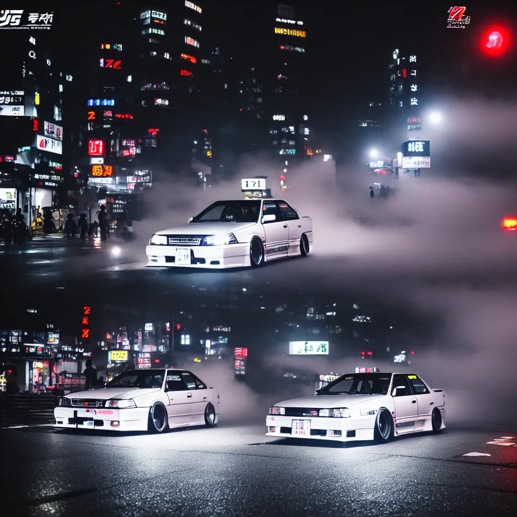 Prompt: JZX100 twin turbo drift in Shibuya, misty night