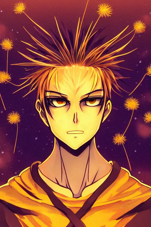 Image similar to amber glowing luminescent dandelion male anime character, symmetrical, highly detailed, digital art, sharp focus, trending on art station, amber eyes, autumnal colours