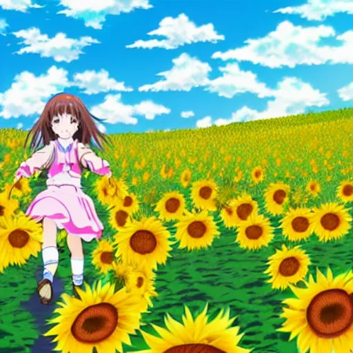 Image similar to Anime young girl in the style of Kyoto Animation running through a field of sunflowers