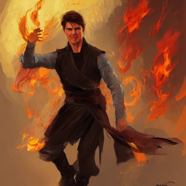 Image similar to Tom Cruise as a firebender, portrait, elegant, intricate, digital painting, artstation, concept art, smooth, sharp focus, illustration, art by konstantin korovin and Daniel F. Gerhartz and john howe