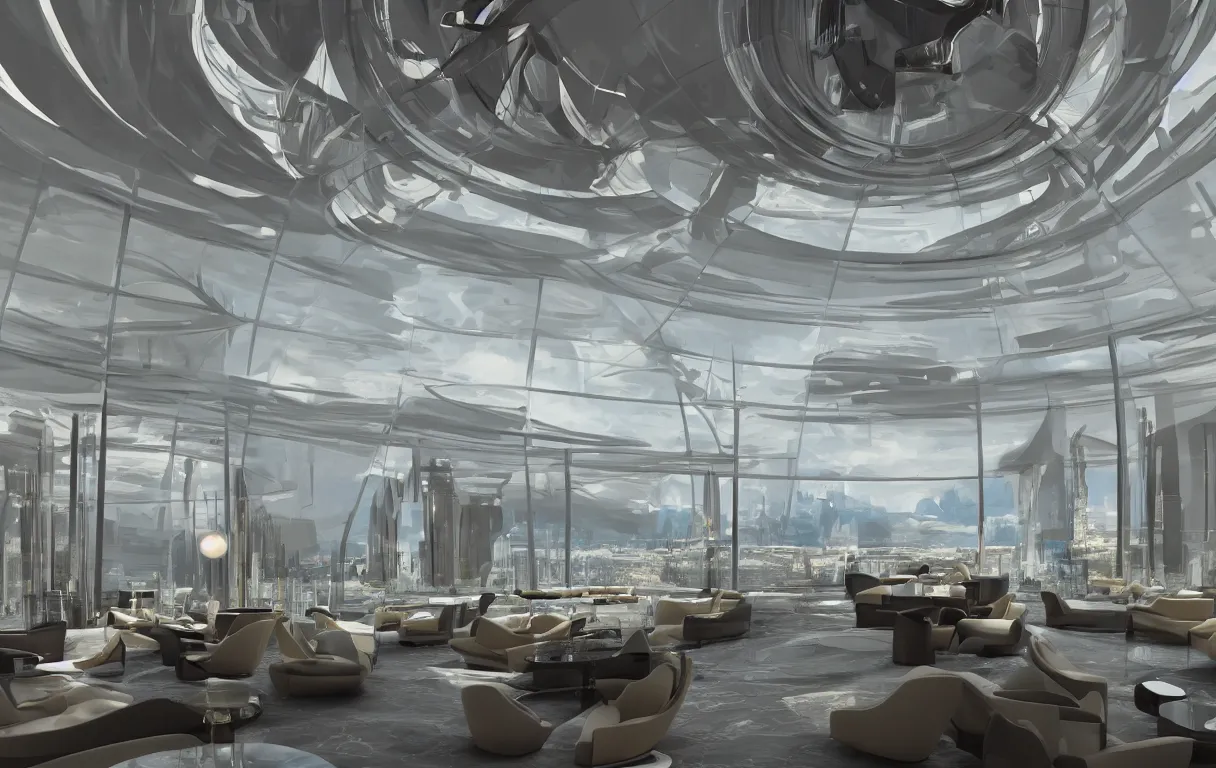 Prompt: a luxury futuristic hotel lounge interior, very tall round crystal ceiling, hovering in the clouds, by Ao Wou Ki and syd mead, octane rendering, 8k, trending on artstation, 16mm full frame lens, kodak film
