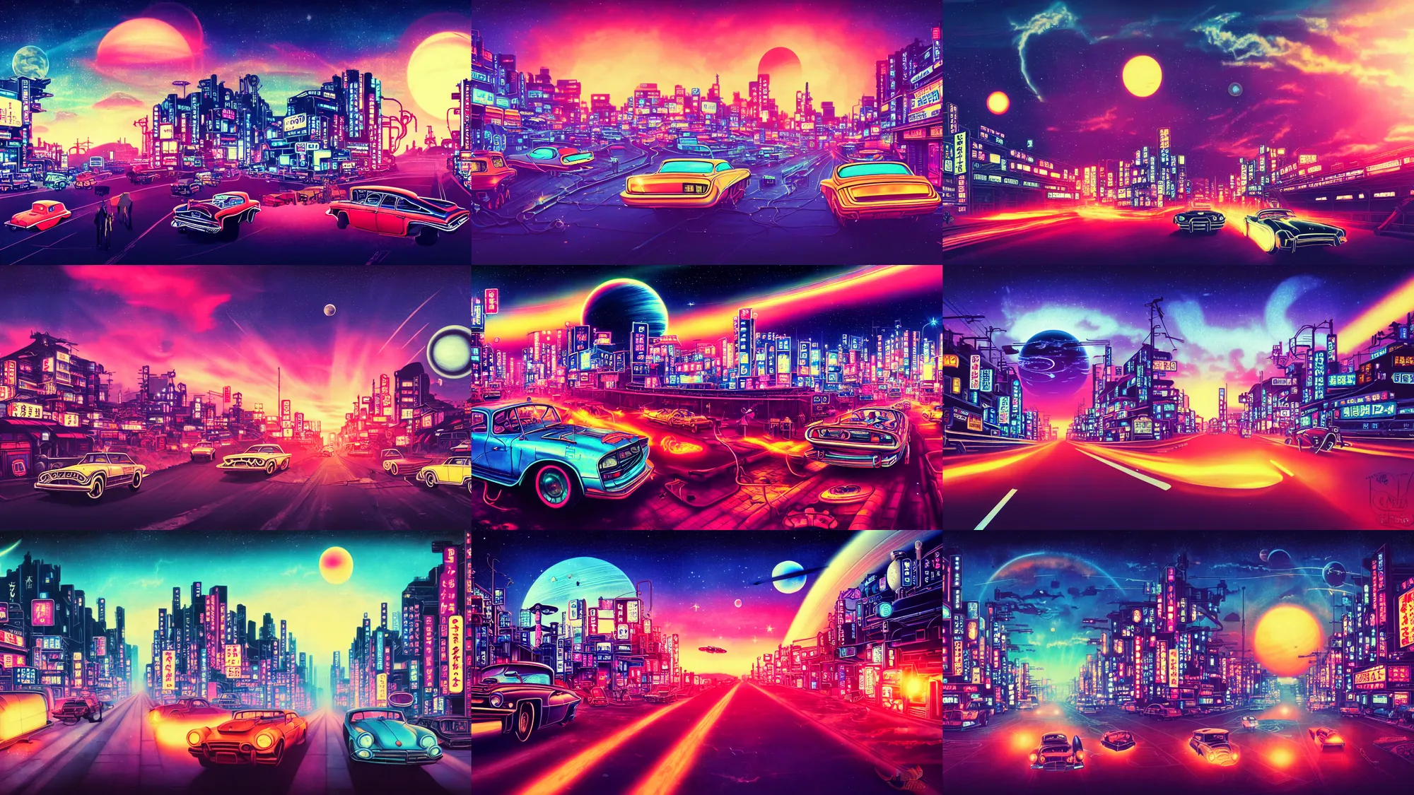 Prompt: old cars go along road away in neo - tokyo, sinthwave, steampunk, neon, magic colorful sky, magic lights, magic stars, magic sunset, big bright planet saturn in sky, realism, ultra detailed, 1 9 6 0 years, 8 k