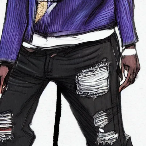 Prompt: professional colored sketch of a full-body view of a stylish young adult man with short hair wearing a black face mask, a striped long-sleeved shirt, and ripped jeans, high quality, HD, 8K, highly detailed, award-winning, dark purple clouds