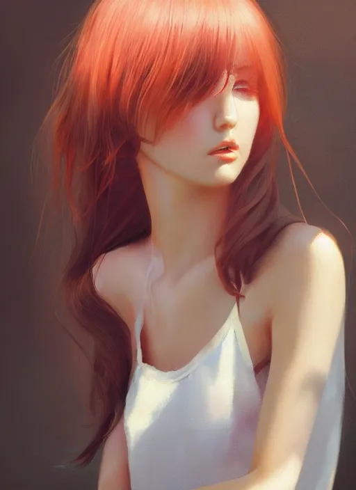 Prompt: oil painting by ilya kuvshinov,, baugh casey, rhads, coby whitmore, of a youthful japanese beauty, long hair, standing holding a outdoors by vending machines, highly detailed, breathtaking face, studio photography, dawn, intense subsurface scattering, blush, supple look, innocence, intense sunlight