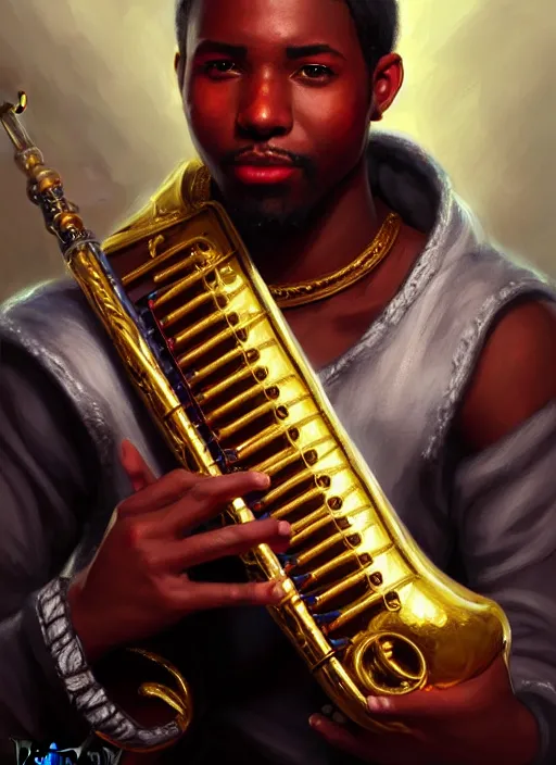 Prompt: a _ fantasy _ style _ portrait _ painting _ of black male charismatic bard playing instrument, rpg dnd oil _ painting _ unreal _ 5 _ daz. _ rpg _ portrait _ extremely _ detailed _ artgerm _ greg _ rutkowski _ greg