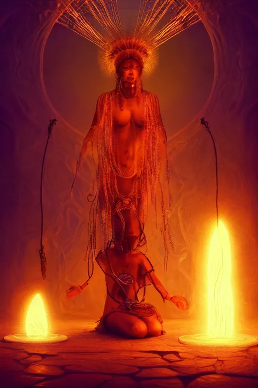 Prompt: a centered render of a wise and mystical tribal shaman brewing a cauldron that summons the souls of ancestors past is surrounded by ethereal lights and fractal geometry, cinematic, beautifully lit, by artgerm, by beeple, by karol bak, by donato giancola, 3 d, trending on artstation, octane render, 8 k