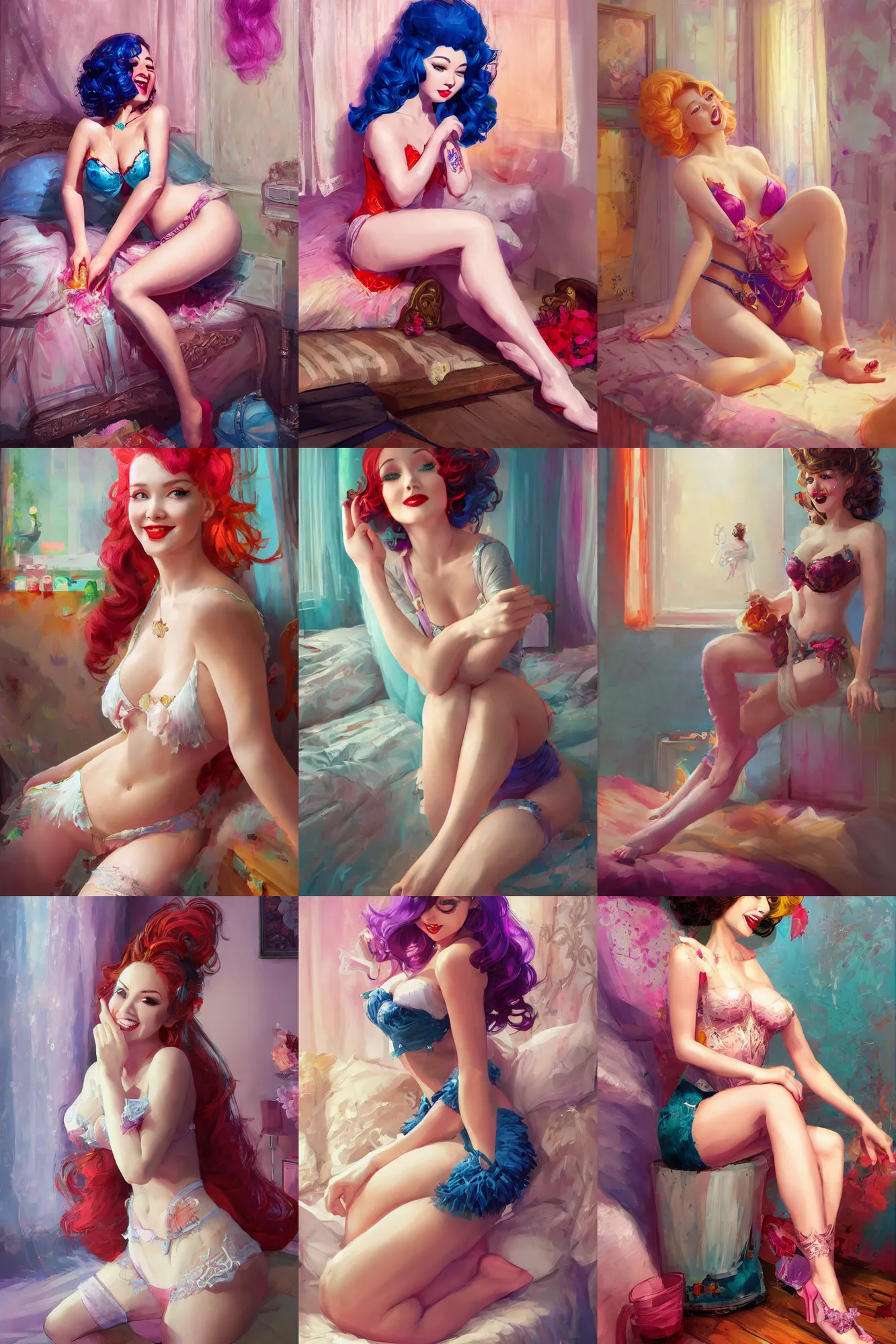 Prompt: a beautiful burlesque girl sitting in her bedroom | | cute - fine - subtle smile, colorful hair, face, pretty face, fine details by stanley artgerm lau, wlop, rossdraws, james jean, andrei riabovitchev, marc simonetti, and sakimichan, trending on artstation