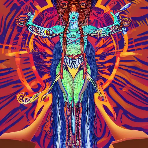 Image similar to amazonian shaman entering a visionary state and traveling in his astral body to hyperspace