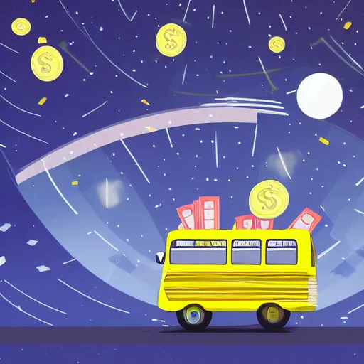 Prompt: a bus driving in outer space with money flying out of the bus windows. illustrated, high resolution