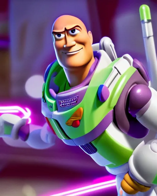 Image similar to Film still close-up shot of Dwayne Johnson as Buzz Lightyear in the movie Toy Story 3. Photographic, photography