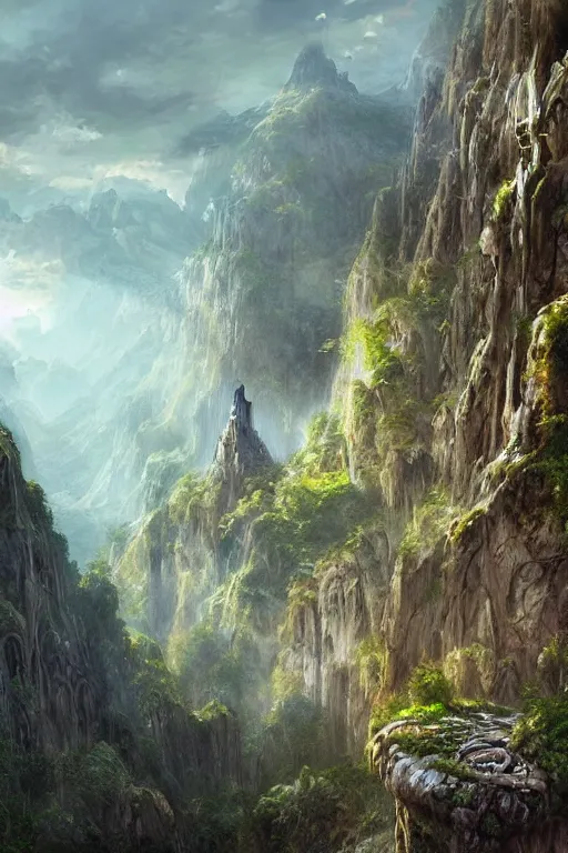 Image similar to amazing concept painting, by Jessica Rossier and HR giger and Beksinski, Rivendell, elvish and greek fortress overlooking a valley, terraces, hallucination, garden of eden