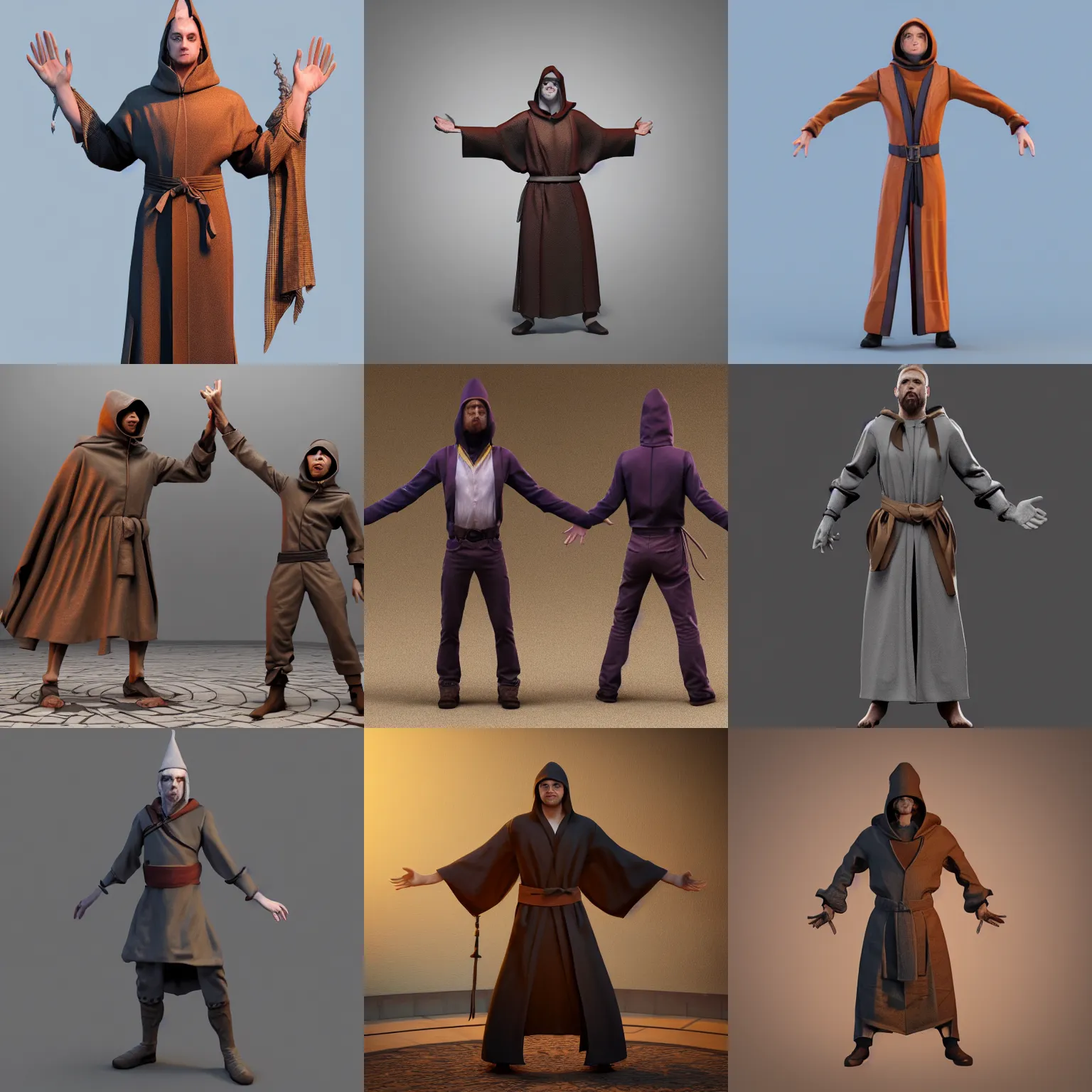 Prompt: 3d model rigged, t-pose of male magic wizard, potions, belt, robes, hood, T Pose, character design, octane render, ray tracing, unreal engine 5, DAZ, zbrush, 3dsmax, insanely detailed, 8k,