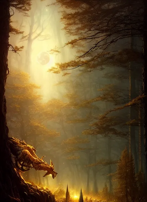 Image similar to fantasy book cover, full moon, fantasy forest landscape, golden elements, fantasy magic, dark light night, intricate, elegant, sharp focus, illustration, highly detailed, digital painting, concept art, matte, art by WLOP and Artgerm and Greg Rutkowski and Albert Bierstadt, masterpiece