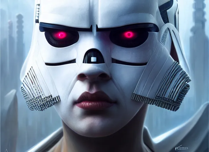 Image similar to portrait shot of a white darth vader in cyberpunk 2 0 7 7, intricate, elegant, highly detailed, centered, digital painting, artstation, concept art, smooth, sharp focus, illustration, artgerm, tomasz alen kopera, peter mohrbacher, donato giancola, joseph christian leyendecker, wlop, boris vallejo