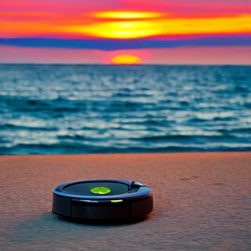 Prompt: roomba chilling on the beach, sunset